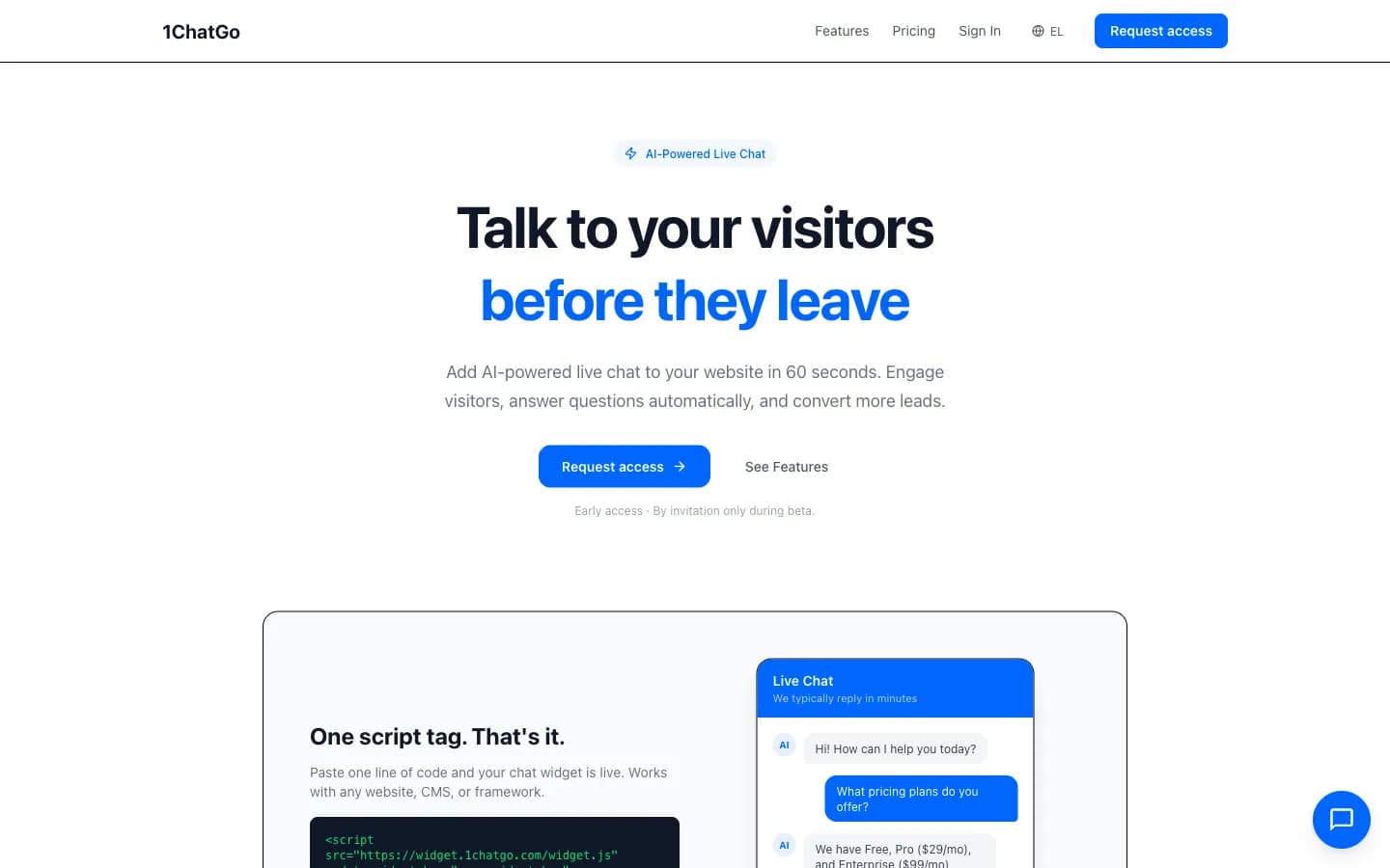 SaaS landing desktop με live demo widget και script tag preview