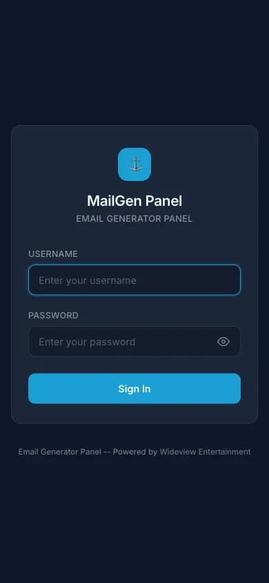 MailGen panel login mobile με dark theme