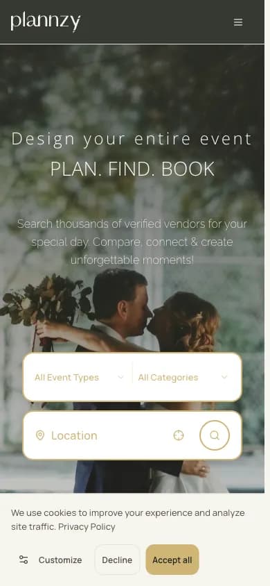 Marketplace landing page mobile με filter bar για event, category, location