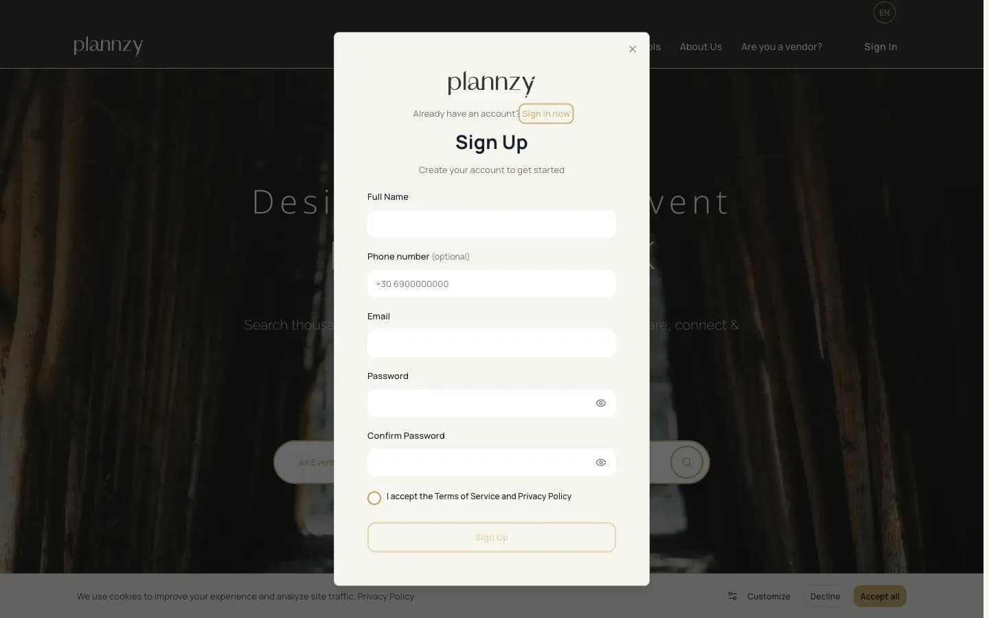 Modal signup desktop με Full Name, Phone, Email, Password