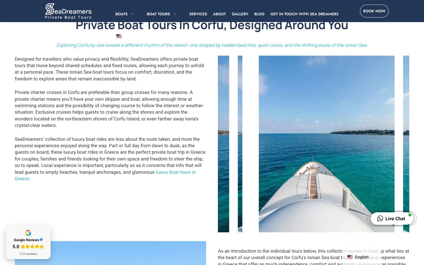 Σελίδα boat tours με analytical κείμενο και image gallery