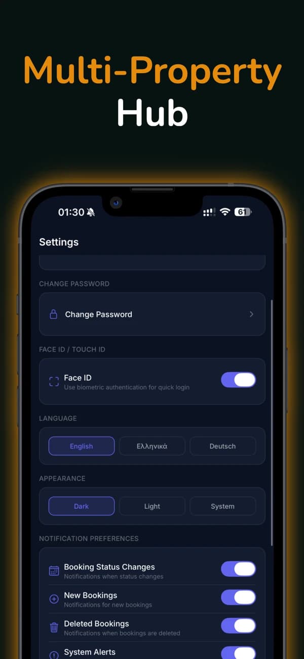 Wide Book Admin Settings με Face ID, 3 γλώσσες, dark mode και notification preferences