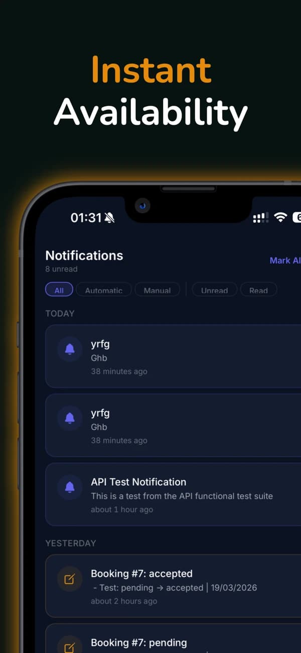 Wide Book Admin Notifications screen με push history και unread counter