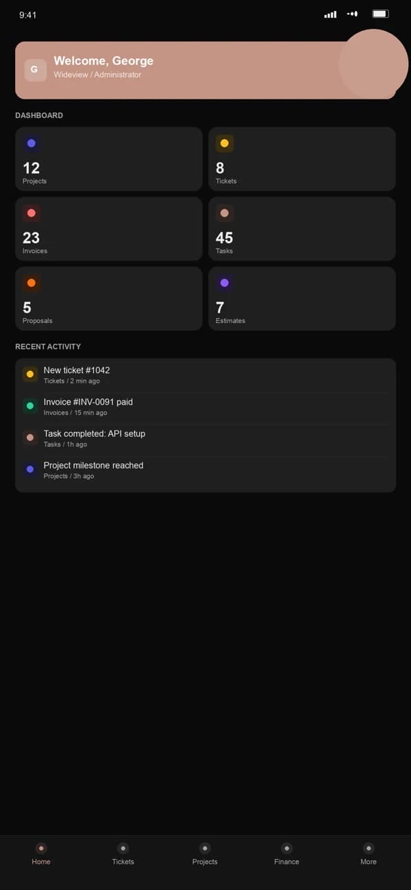 Wideview Support dashboard με 12 projects, 8 tickets, 23 invoices, 45 tasks και recent activity feed