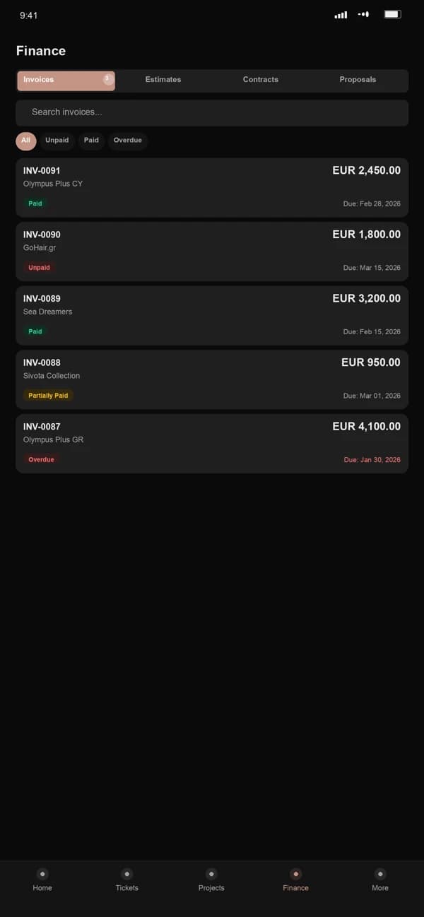 Wideview Support Finance ενότητα με invoices contracts payments